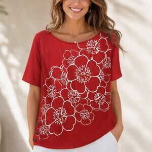 Always Indigo Red Floral Graphic Knit Top Large Snap Hem Comfy Dopamine Pop Art